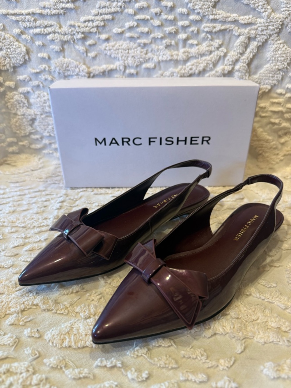 Marc Fisher Patent Pointed Slingback Flats in Plum#646
